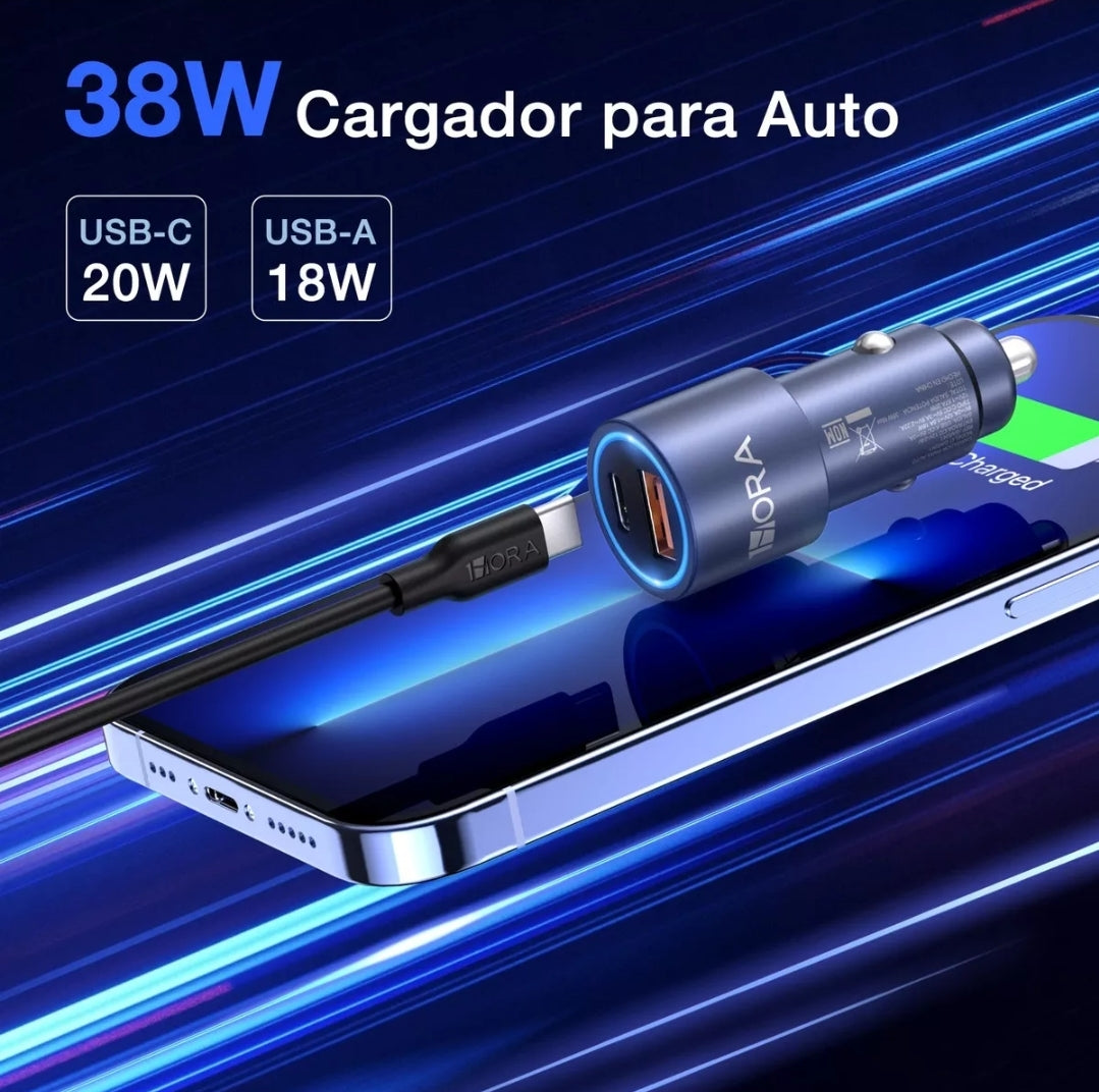 CARGADOR CARGA RÁPIDA PARA AUTOMÓVIL - USB Y TIPO C